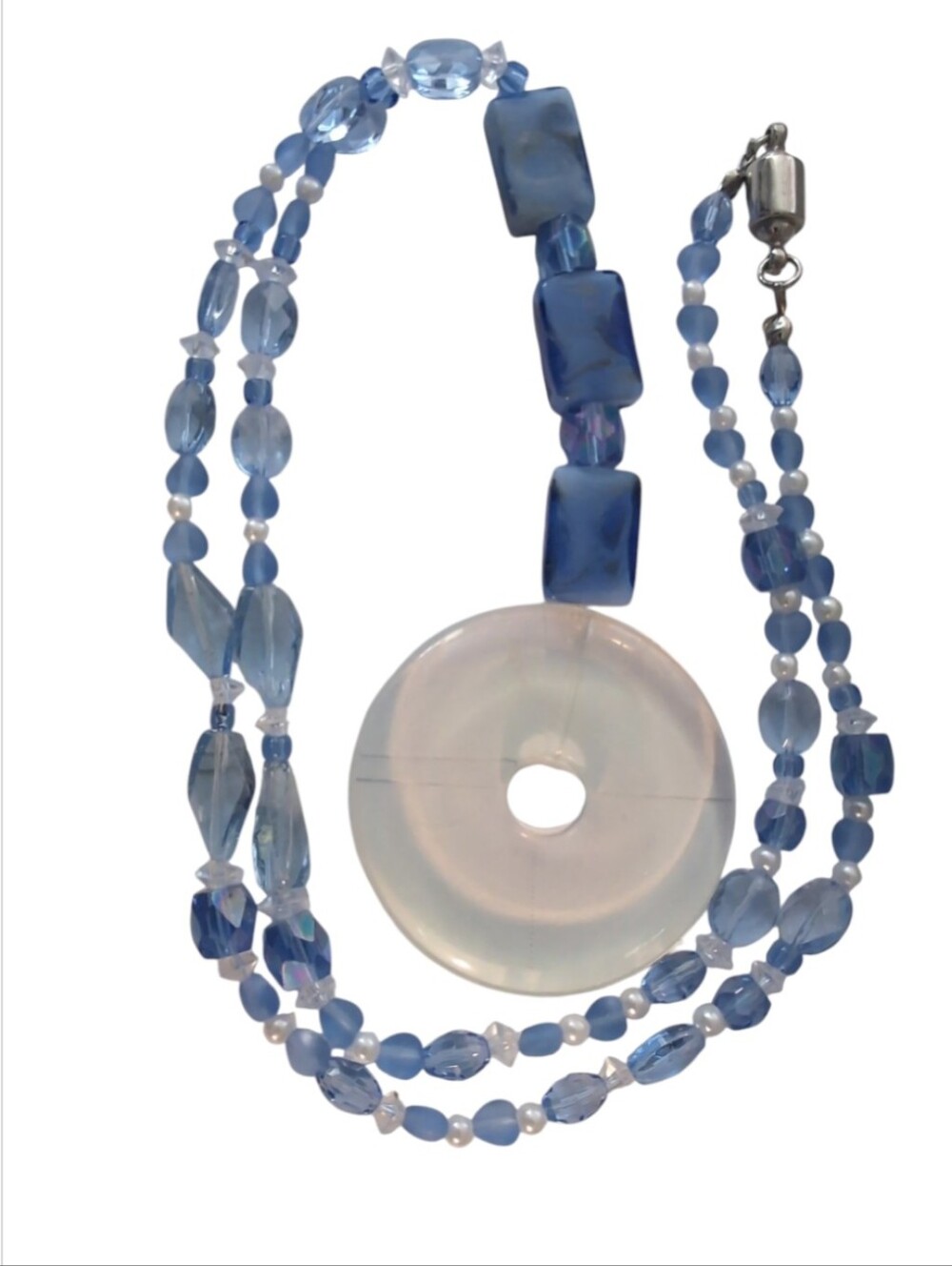 Handmade One-of-a-Kind Upcycled Vintage Blue & Opaline Glass Statement Necklace